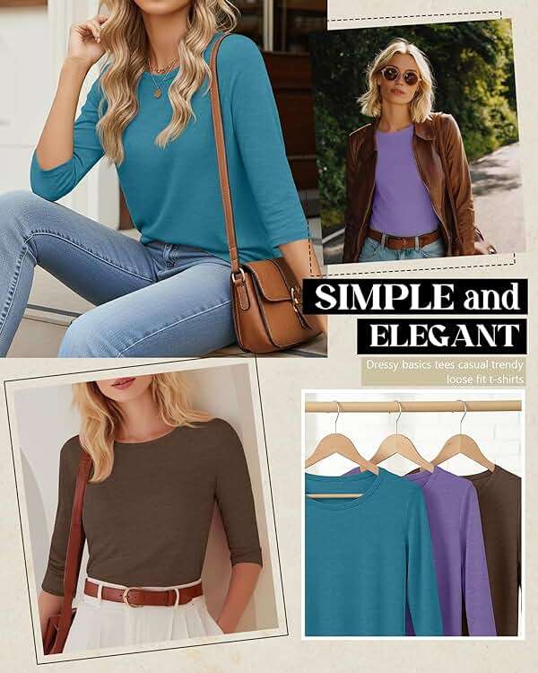 Ficerd 3 Pack 3/4 Sleeve Tops for Women T Shirts Round Neck Dressy Basics Tees Blouses Casual Trendy Loose Fit Shirts - Image 3