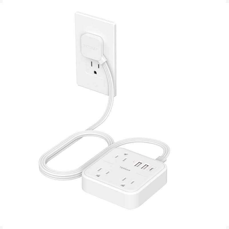 TESSAN Ultra Thin Flat Extension Cord 5 FT, Slim Power Strip with USB Ports (1 USB C), Surge Protector Flat Plug Wall Charger with 3 Outlets for Office, School, Dorm Room Essentials, White - Image 1