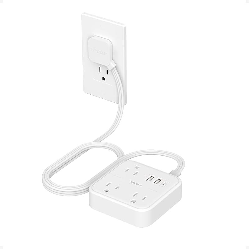 TESSAN Ultra Thin Flat Extension Cord 5 FT, Slim Power Strip with USB Ports (1 USB C), Surge Protector Flat Plug Wall Charger with 3 Outlets for Office, School, Dorm Room Essentials, White - Product Image