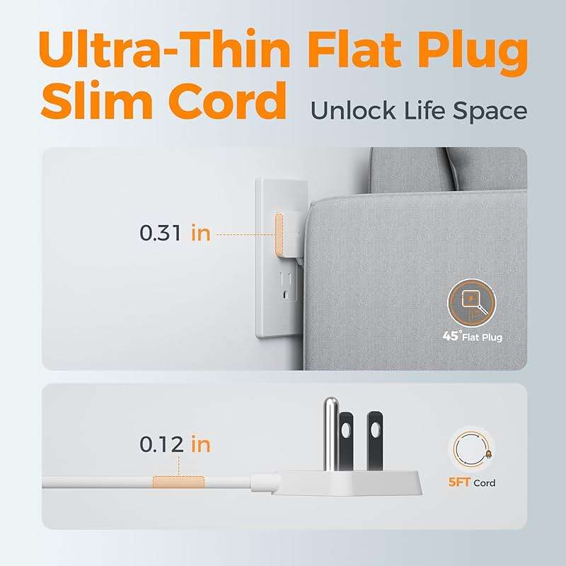 TESSAN Ultra Thin Flat Extension Cord 5 FT, Slim Power Strip with USB Ports (1 USB C), Surge Protector Flat Plug Wall Charger with 3 Outlets for Office, School, Dorm Room Essentials, White - Image 5