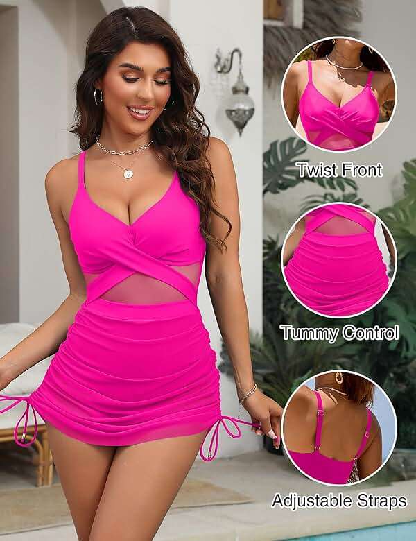 Blooming Jelly Womens Mesh One Piece Swimsuit Modest Tummy Control Bathing Suit Twist Front Swim Dress Swimwear 2026 - Image 2