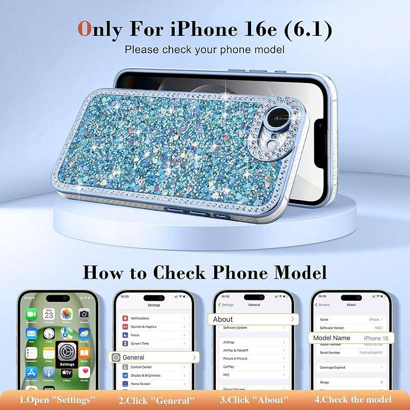 Lafunda for iPhone 17e/16e Case Glitter, Luxury Shiny Bling Sparkly Phone Cover with Crystal Diamonds Rhinestone for Women Girls Soft TPU Shockproof Protective Phone Case for iPhone 16e/17e, Blue - Image 2