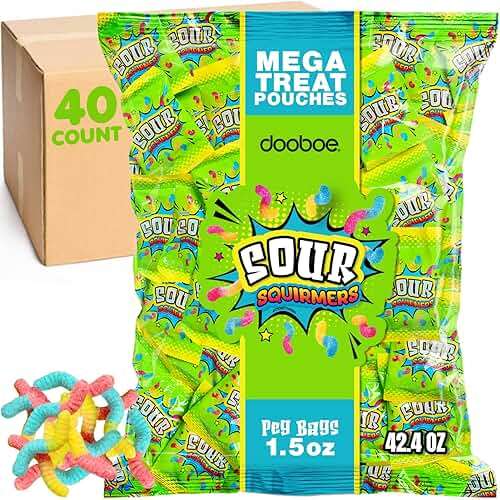 Dooboe Full Size Sour Gummy Worms Bulk Pack - 40 Packs (30 Gram Peg Bags) - Sour Squirmers Individually Wrapped for Kids and Adults, Parties, School, Pinata - Image 1