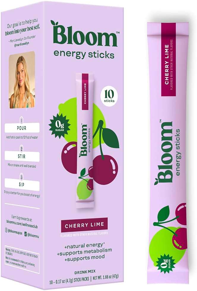 Bloom Nutrition Energy Drink Powder Packets, Sugar Free Energy Drink Mix with L-Theanine, B Vitamins & Natural Caffeine, On the Go Powder Sticks for Natural Energy, 10 Calories (10 Pouches (Pack of 1), Cherry Lime) - Image 1