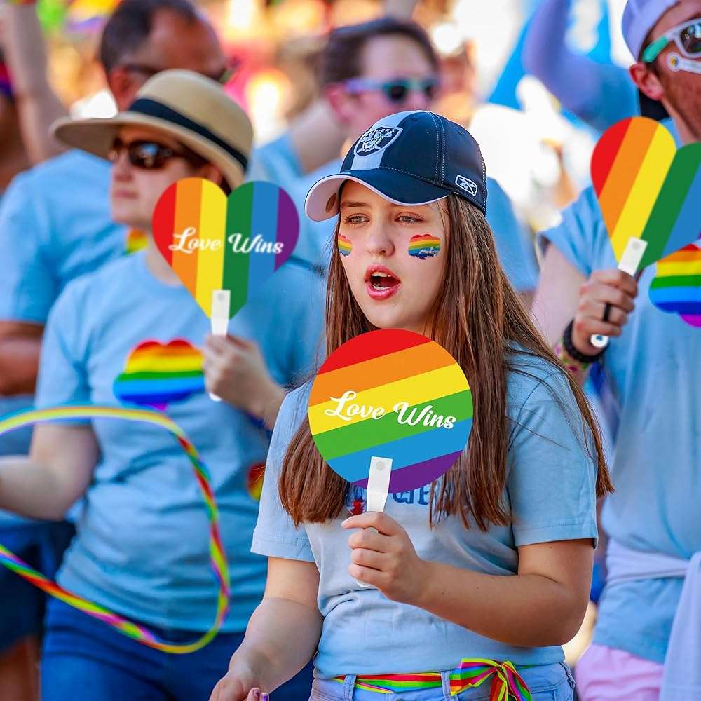 Blowata 48Pcs Pride Accessories Includes Gay Hand Fans - Heart and Round Rainbow Hand Fan for Parties, LGBTQ, Parades, Sturdy LGBT Plastic Fan for Pride Gifts and Pride Party Supplies - Image 2