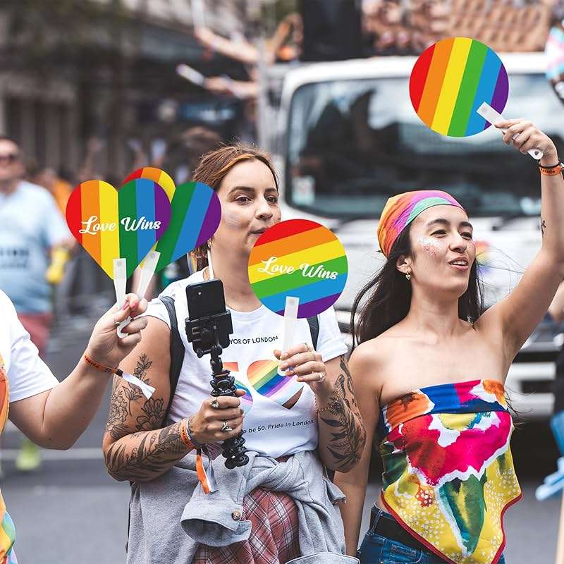 Blowata 48Pcs Pride Accessories Includes Gay Hand Fans - Heart and Round Rainbow Hand Fan for Parties, LGBTQ, Parades, Sturdy LGBT Plastic Fan for Pride Gifts and Pride Party Supplies - Image 6
