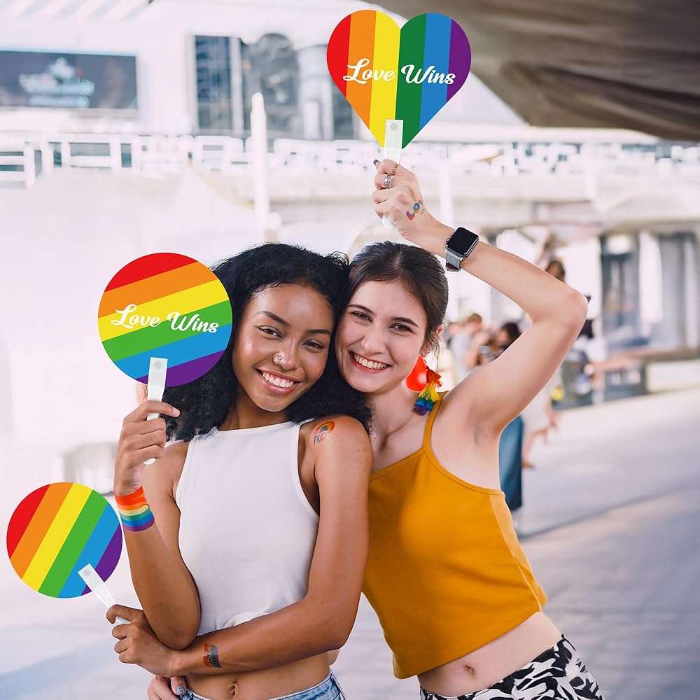 Blowata 48Pcs Pride Accessories Includes Gay Hand Fans - Heart and Round Rainbow Hand Fan for Parties, LGBTQ, Parades, Sturdy LGBT Plastic Fan for Pride Gifts and Pride Party Supplies - Image 7