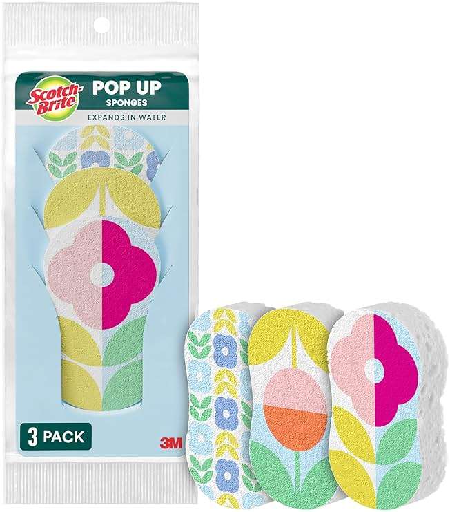 Scotch-Brite Brite Blooms Pop Up Kitchen Sponges, Unique Compressed Kitchen Sponge for Cleaning Gently, Spring Flower Pattern Dish Sponge that Expands with Water, 3 Scrubbing Sponges - Image 1
