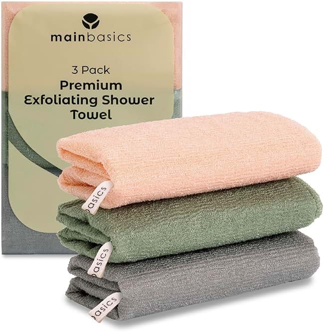 MainBasics Extra Exfoliating Shower Towel - Japanese Nylon Bath Towel and Body Washcloth, Quick-Dry, Durable (Set of 3, Earthy Love) - Product Image