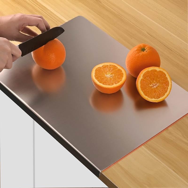 HUAKENER Large Stainless Steel Cutting Boards for Kitchen, Cutting Board with Counter Lip, Cutting Board with Silicone Mat for Meat, Fruits, Vegetables, Bread (15.7 x 11.8 Inch) - Product Image