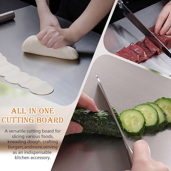 HUAKENER Large Stainless Steel Cutting Boards for Kitchen, Cutting Board with Counter Lip, Cutting Board with Silicone Mat for Meat, Fruits, Vegetables, Bread (15.7 x 11.8 Inch) - Image 5