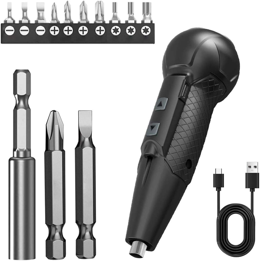 XLX 3.7V Cordless Electric Screwdriver Rechargeable portable Mini Rotary Home Gadget,Automatic Manual all in one with LED Light and USB- Type C Charging Cable Black - Image 1