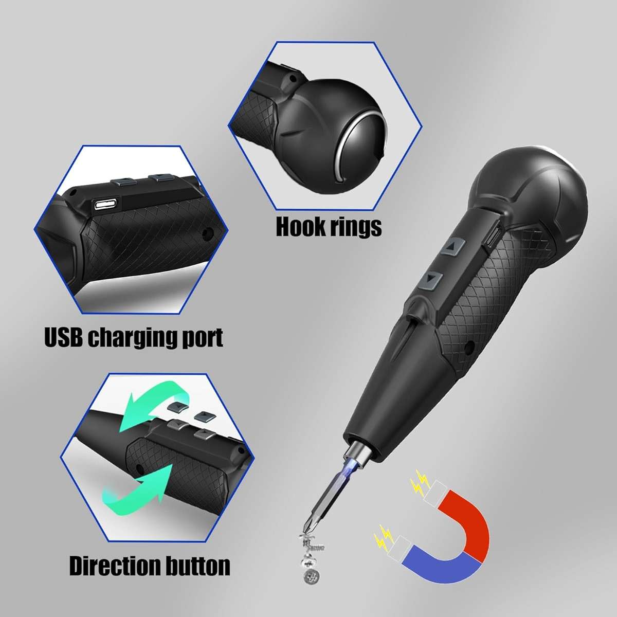 XLX 3.7V Cordless Electric Screwdriver Rechargeable portable Mini Rotary Home Gadget,Automatic Manual all in one with LED Light and USB- Type C Charging Cable Black - Image 4