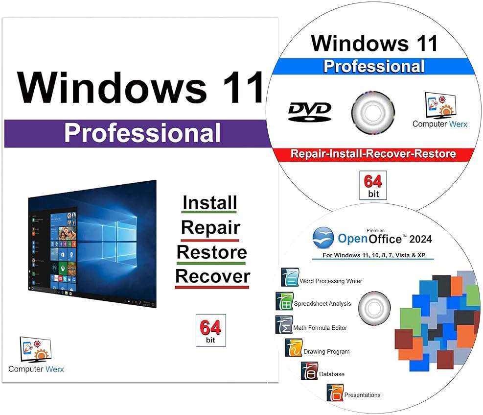 Computer Werx Compatible with/Replacement for Windows 11 Professional 64 Bit install, repair, recover & restore DVD with Key plus Open Office 2024 - Image 1