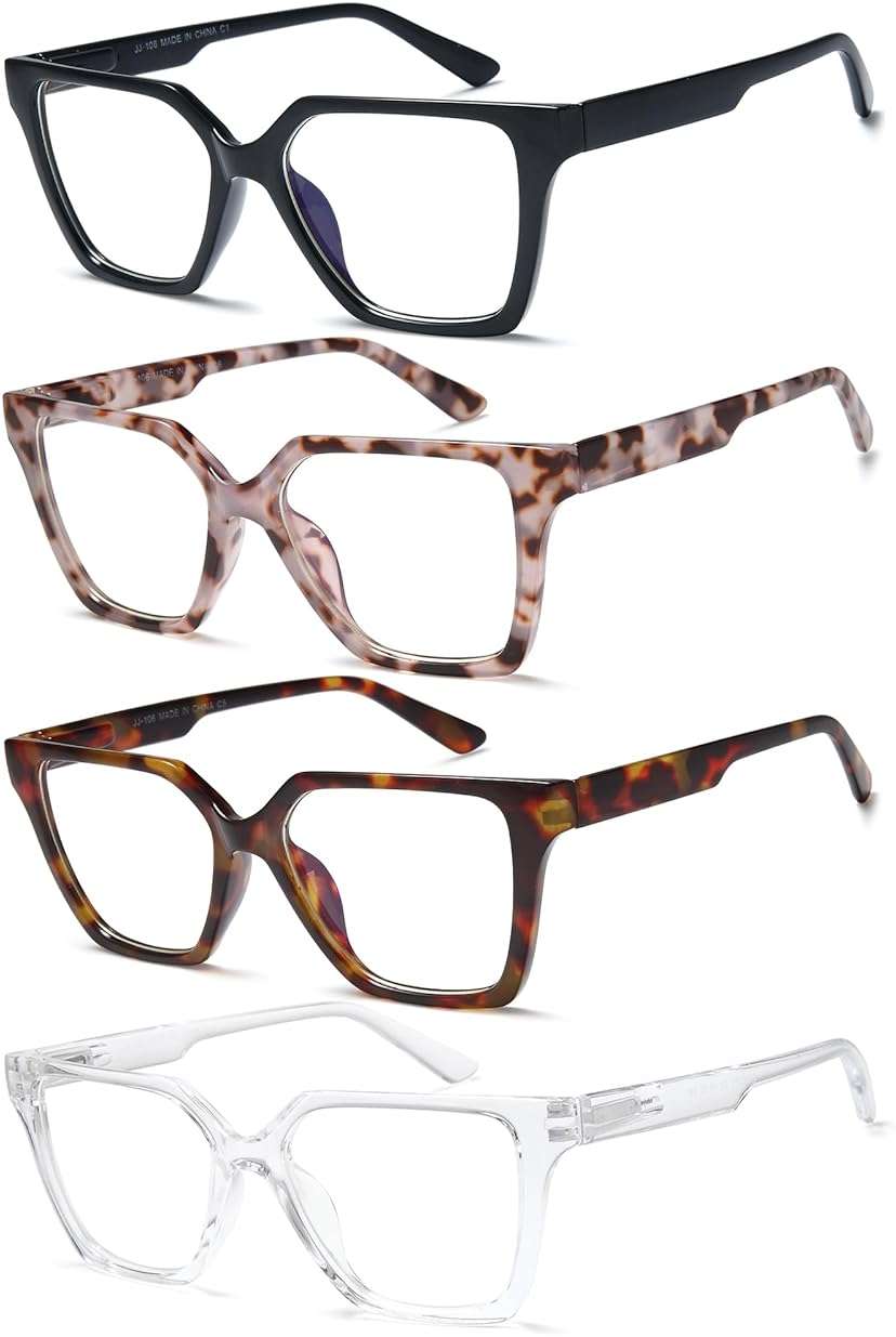 EYEURL 4 Pack Fashion Oversized Reading Glasses for Women Men Blue Light Blocking Computer Square Readers with Spring Hinge Designer Ladies Large Frame Square Anti UV Ray Eyeglasses 1.5 - Image 2