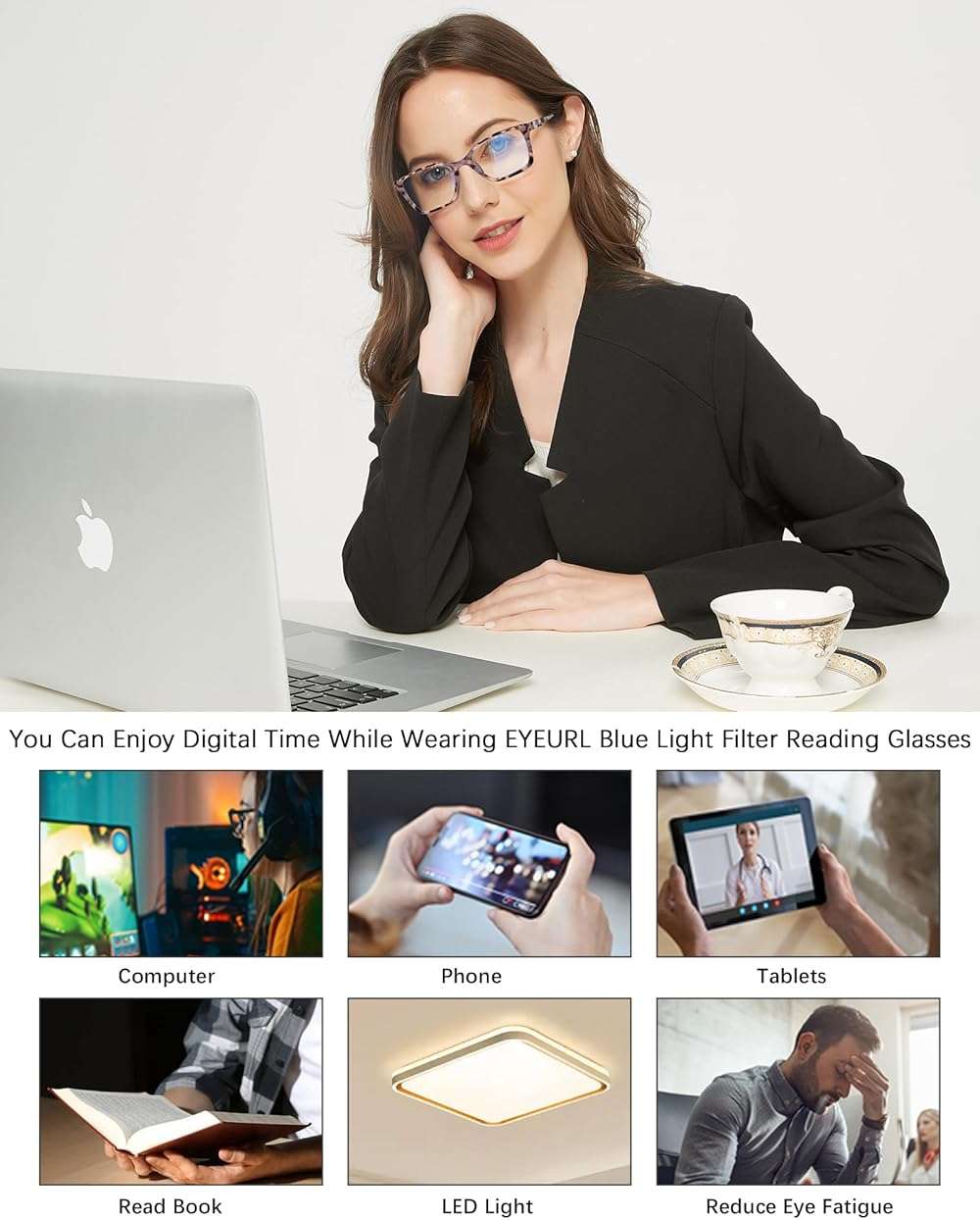 EYEURL 4 Pack Fashion Oversized Reading Glasses for Women Men Blue Light Blocking Computer Square Readers with Spring Hinge Designer Ladies Large Frame Square Anti UV Ray Eyeglasses 1.5 - Image 6