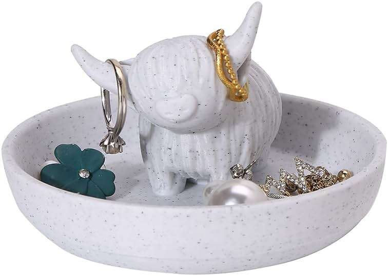 Awsaccy Highland Cow Ring Holder with Circular Dish, 3D Printed Plastic Farmhouse & Bohemian Style Cute Unique Women Gifts Stuff Ring Jewelry Plate Organizer for Bathroom Office Home Room Desk Decor - Image 4