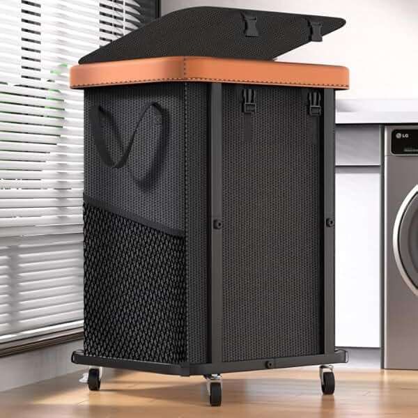 150L (40 Gal) Large Fashion Laundry Basket with Wheels, Leather Patchwork Rolling Hamper Carts, Sturdy Metal Frame, Removable Washable Bag, Tall Clothes Sorter for Bedroom, Laundry Room - Black - Image 1