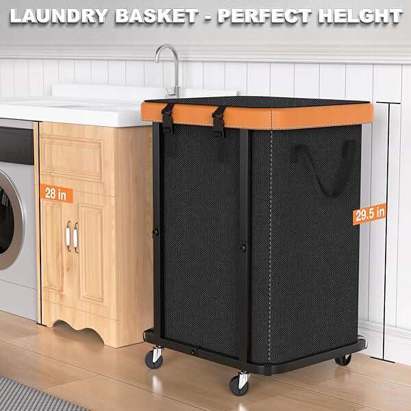 150L (40 Gal) Large Fashion Laundry Basket with Wheels, Leather Patchwork Rolling Hamper Carts, Sturdy Metal Frame, Removable Washable Bag, Tall Clothes Sorter for Bedroom, Laundry Room - Black - Image 5
