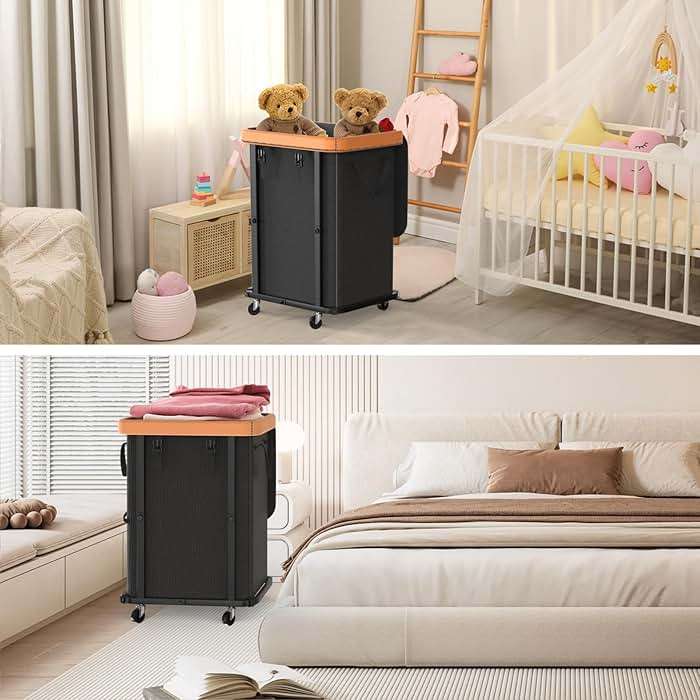 150L (40 Gal) Large Fashion Laundry Basket with Wheels, Leather Patchwork Rolling Hamper Carts, Sturdy Metal Frame, Removable Washable Bag, Tall Clothes Sorter for Bedroom, Laundry Room - Black - Image 7
