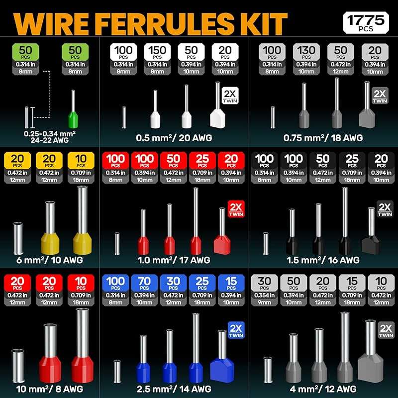 SOMELINE Ferrule Crimping Tool Kit, 36 Sizes Ferrules, AWG 24-8 Ferrule Crimper, with Square Crimping Pliers and Automatic Wire Stripper, Ferrule Terminal Assortment Kit (Stackable Tool Box) - Image 4