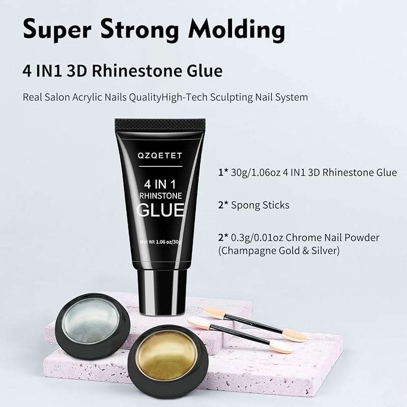 4-in-1 Rhinestone Nail Glue Gel and Chrome Powder Kit, 30g Super Strong Adhesive for Nail Art Crystals, Charms, Gems, Beads, Sequins – Long-Lasting 3D Nail Art Gel Glue for Acrylic & Gel Nails - Image 2
