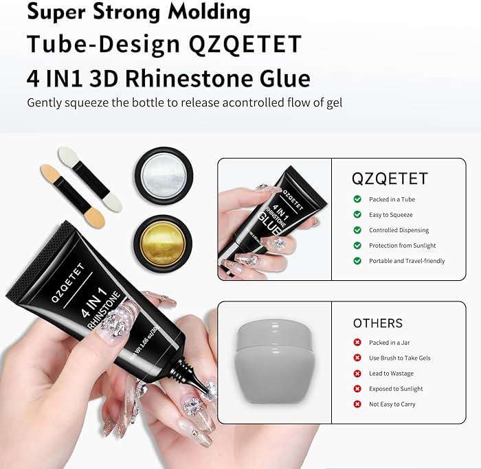 4-in-1 Rhinestone Nail Glue Gel and Chrome Powder Kit, 30g Super Strong Adhesive for Nail Art Crystals, Charms, Gems, Beads, Sequins – Long-Lasting 3D Nail Art Gel Glue for Acrylic & Gel Nails - Image 5