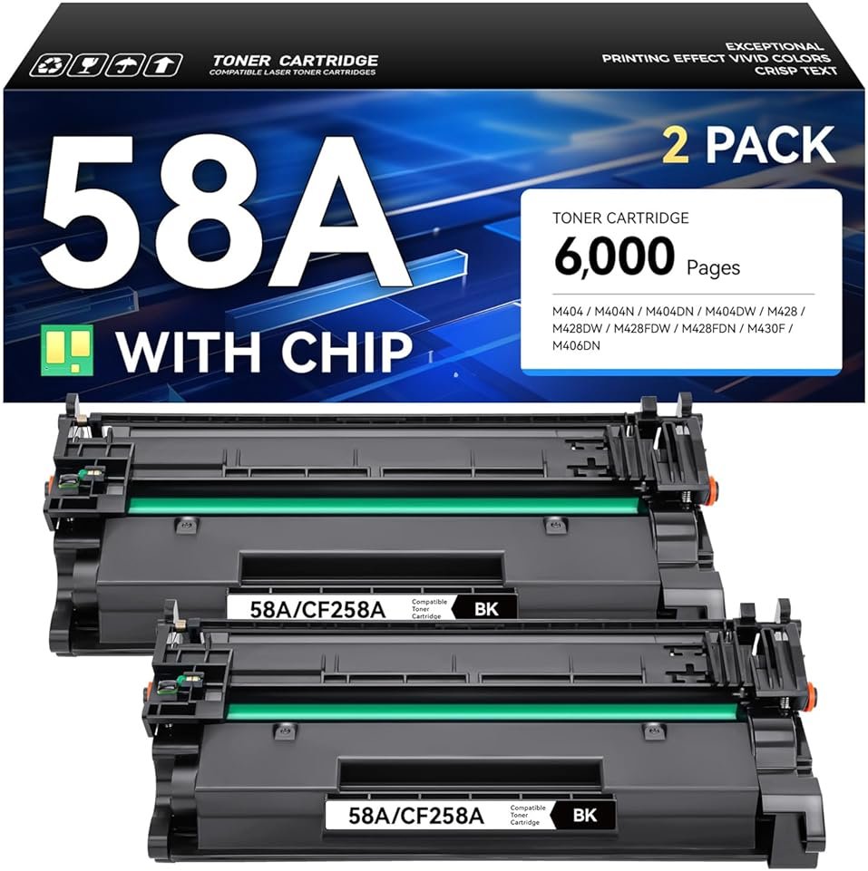 58A Toner Cartridge Black 2-Pack with Chip High Yield Replacement for HP 58A CF258A 58X Compatible with HP LaserJet Pro MFP M428dw M428fdn M428fdw M404dn M404dw M404n Enterprise M430f M406dn Printer - Product Image