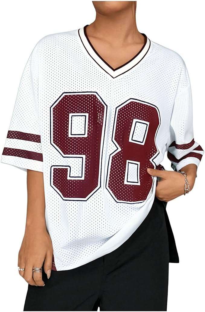 Jersey Shirts for Women Y2k Graphic Number Shirt Oversized V Neck Shirts Casual Streetwear Summer Tops - Image 3