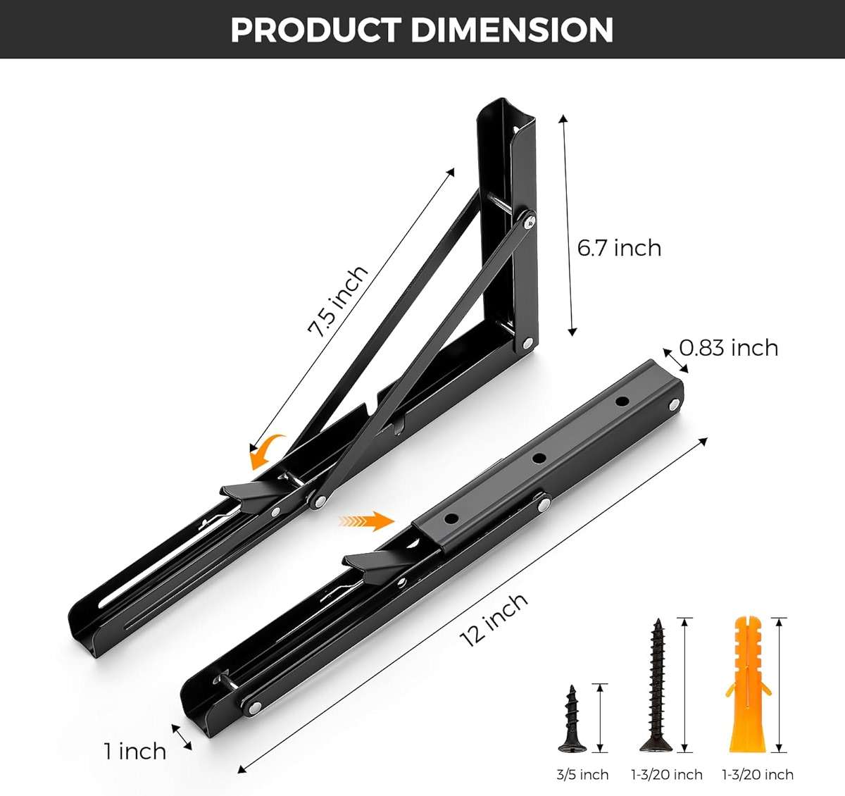 JOY DECOR 12 Inch Heavy Duty Folding Shelf Brackets, 2 Pack (1 Pair) Collapsible Wall Mounted Brackets for Fold Down Table, Stainless Steel Folding Table Hinge, Matte Black - Image 3