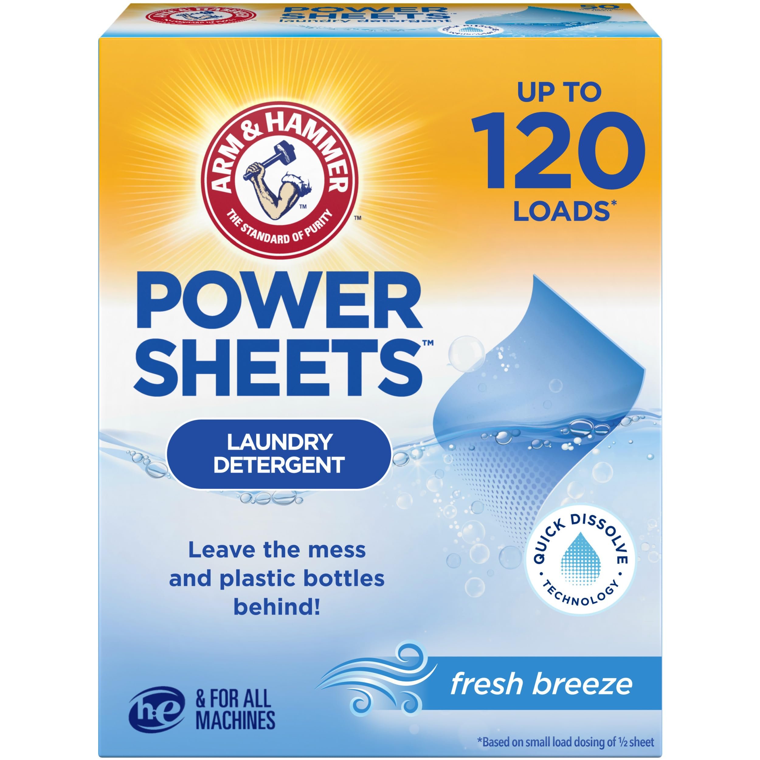 ARM & HAMMER Power Sheets Laundry Detergent, Fresh Breeze Scent, Dissolves in All Wash Temps, Lightweight and Travel-Ready, 60ct, Up to 120 Small Loads - Product Image