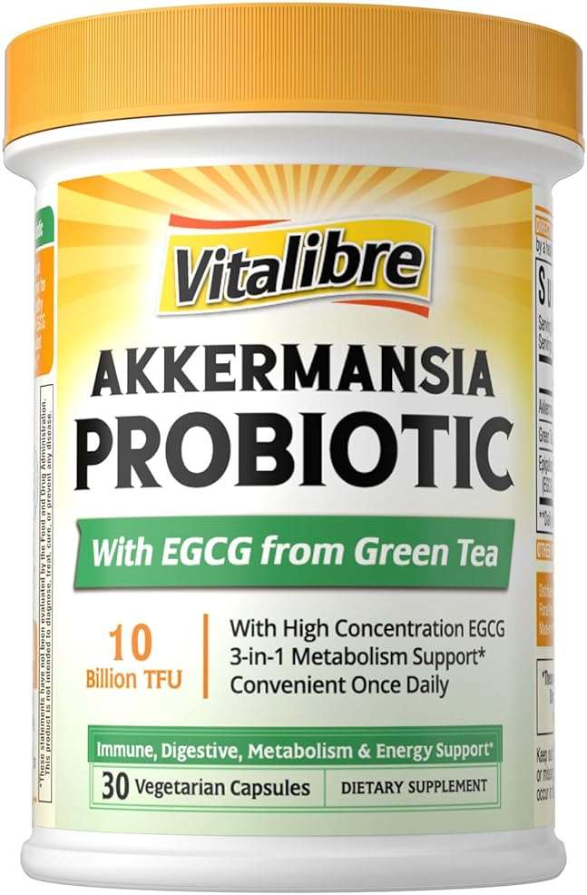 Vitalibre Akkermansia Probiotic 10 Billion TFU, with Concentrated EGCG from Green Tea Extract, GLP-1 Supplement for Gut Health, Metabolism Support & Sustain Energy Levels, 30 Vegan Capsules, No Gluten - Image 1