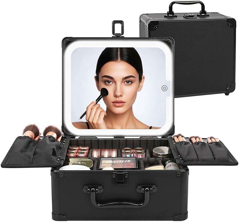 Relavel Makeup Bag with LED Mirror, Makeup Box Travel Train Case with Rechargeable Lighted Mirror & Adjustable Dividers, Cosmetic Brush Organizer Storage for Makeup Artists Gifts for Women and Girls - Image 1