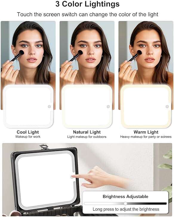 Relavel Makeup Bag with LED Mirror, Makeup Box Travel Train Case with Rechargeable Lighted Mirror & Adjustable Dividers, Cosmetic Brush Organizer Storage for Makeup Artists Gifts for Women and Girls - Image 3
