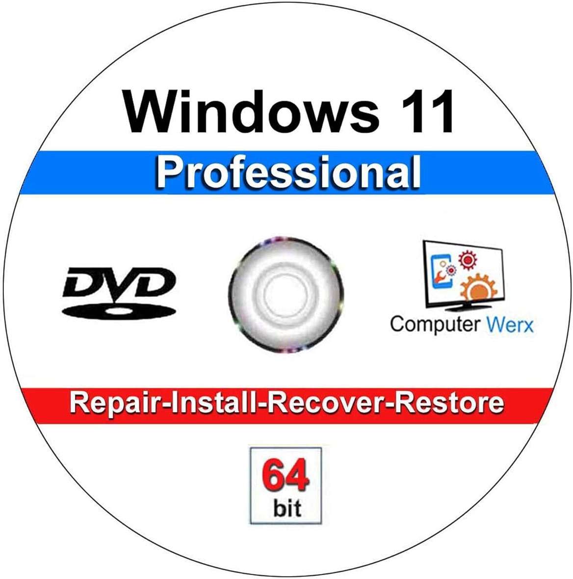 Computer Werx Compatible with/Replacement for Windows 11 Professional 64 Bit Install DVD with key, Repair, Recover & Restore DVD plus Open Office 2024 & Drivers pack DVD. 3 Pack - Image 2