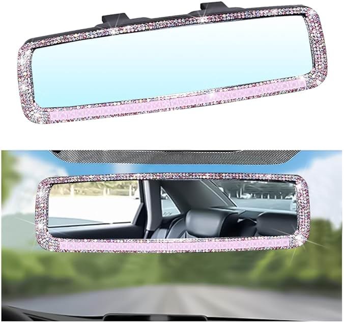BLAU GRUN Bling Car Rear View Mirror, Rhinestones Crystal Clip-on Rearview Mirror with HD Glass, Compatible with Most Cars, SUVs, Vehicles, Auto Interior Accessories for Women Girl (Pink) - Product Image