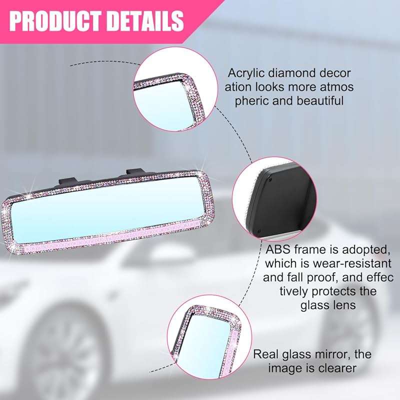 BLAU GRUN Bling Car Rear View Mirror, Rhinestones Crystal Clip-on Rearview Mirror with HD Glass, Compatible with Most Cars, SUVs, Vehicles, Auto Interior Accessories for Women Girl (Pink) - Image 3