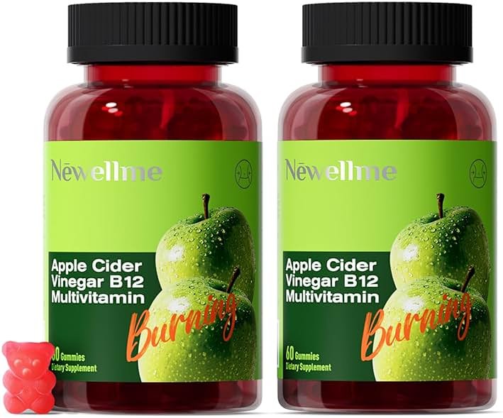 NEWELLME Sugar-Free Apple Cider Vinegar Gummies 1000mg ACV with The Mother + Vitamin B12 for Gut Health, Bloating Relief & Metabolism, Vegan Keto Gluten-Free, 120 Counts (Pack of 2) - Product Image