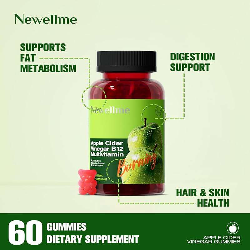 NEWELLME Sugar-Free Apple Cider Vinegar Gummies 1000mg ACV with The Mother + Vitamin B12 for Gut Health, Bloating Relief & Metabolism, Vegan Keto Gluten-Free, 120 Counts (Pack of 2) - Image 3