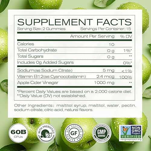 NEWELLME Sugar-Free Apple Cider Vinegar Gummies 1000mg ACV with The Mother + Vitamin B12 for Gut Health, Bloating Relief & Metabolism, Vegan Keto Gluten-Free, 120 Counts (Pack of 2) - Image 4