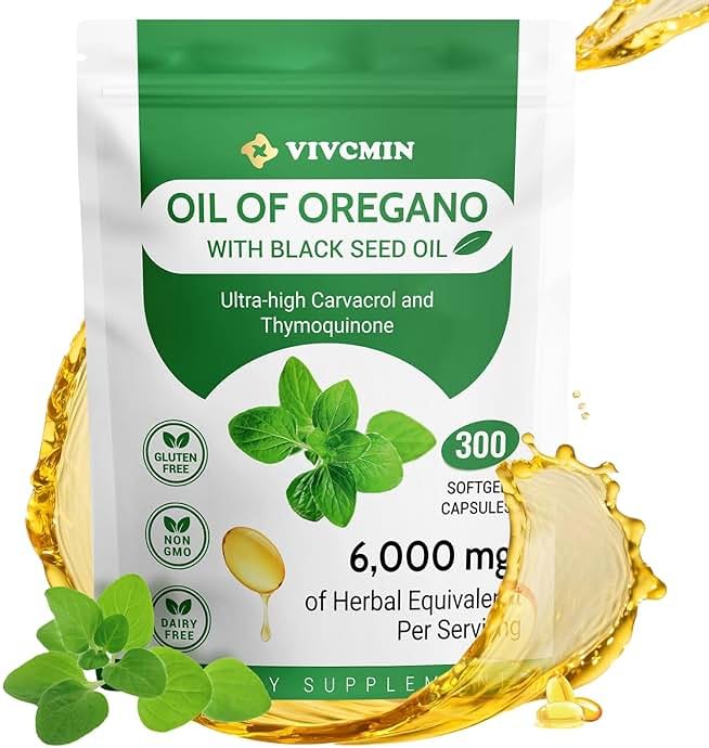 vivcmin Oregano Oil, 300 Softgels, 150 Days Supply - 6000mg Oil of Oregano with Black Seed Oil for Immune & Digestive Support, aceite de Oregano with High Carvacrol & Thymoquinone, Non-GMO - Product Image