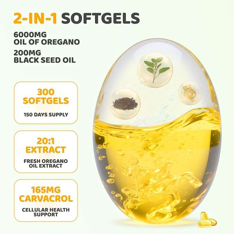 vivcmin Oregano Oil, 300 Softgels, 150 Days Supply - 6000mg Oil of Oregano with Black Seed Oil for Immune & Digestive Support, aceite de Oregano with High Carvacrol & Thymoquinone, Non-GMO - Image 2