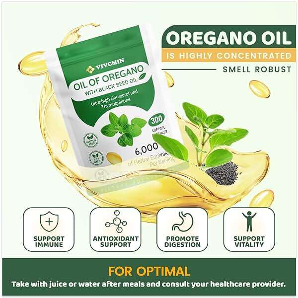 vivcmin Oregano Oil, 300 Softgels, 150 Days Supply - 6000mg Oil of Oregano with Black Seed Oil for Immune & Digestive Support, aceite de Oregano with High Carvacrol & Thymoquinone, Non-GMO - Image 5