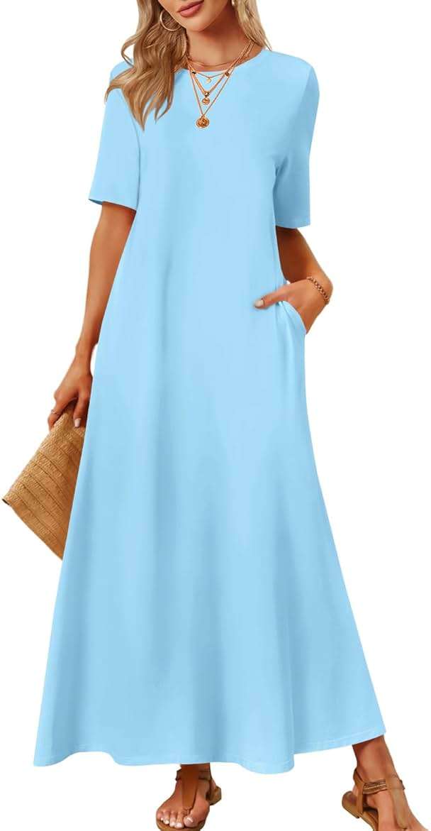MEROKEETY Summer Casual Maxi Dresses for Women 2026 Vacation Crew Neck Short Sleeve Modest Long T Shirt Dress with Pockets - Image 1
