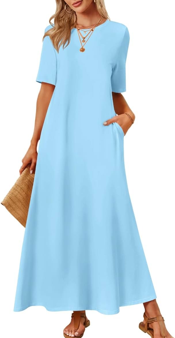 MEROKEETY Summer Casual Maxi Dresses for Women 2026 Vacation Crew Neck Short Sleeve Modest Long T Shirt Dress with Pockets - Product Image