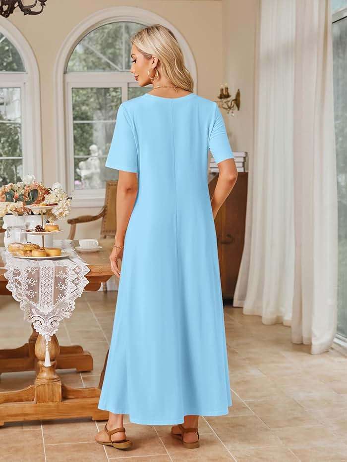 MEROKEETY Summer Casual Maxi Dresses for Women 2026 Vacation Crew Neck Short Sleeve Modest Long T Shirt Dress with Pockets - Image 3