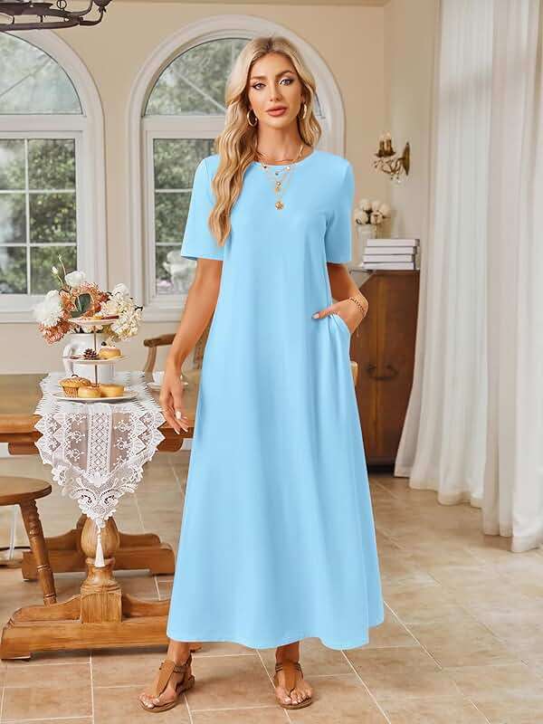 MEROKEETY Summer Casual Maxi Dresses for Women 2026 Vacation Crew Neck Short Sleeve Modest Long T Shirt Dress with Pockets - Image 5