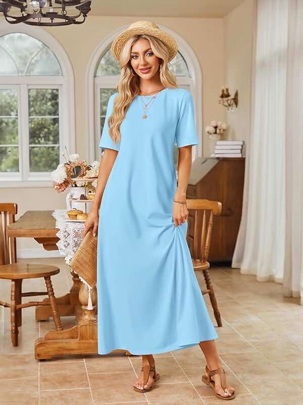 MEROKEETY Summer Casual Maxi Dresses for Women 2026 Vacation Crew Neck Short Sleeve Modest Long T Shirt Dress with Pockets - Image 8