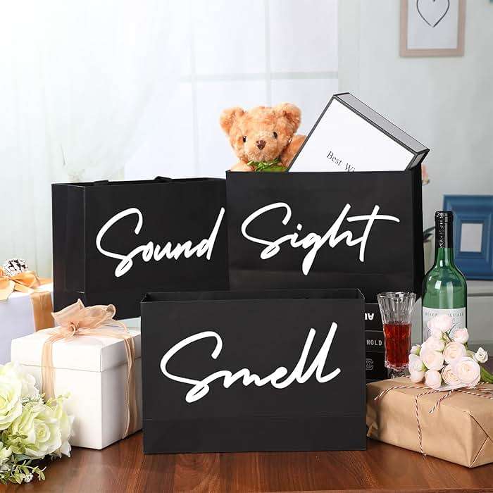 Kolldenn 5 Senses Gift Bags for Him Her with Ribbon Handles Sight Smell Touch Taste Sound Paper Gift Bags for Men Women Birthday Valentine Wedding Anniversary Party(Black,12.6 x 8.7 x 4 Inches) - Image 3