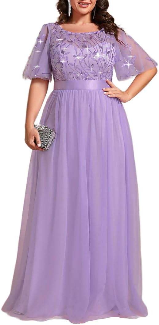 Ever-Pretty Plus Women's Sequin Plus Size Formal Dresses A Line Ruffle Sleeves Floor Length Evening Gown - Image 1